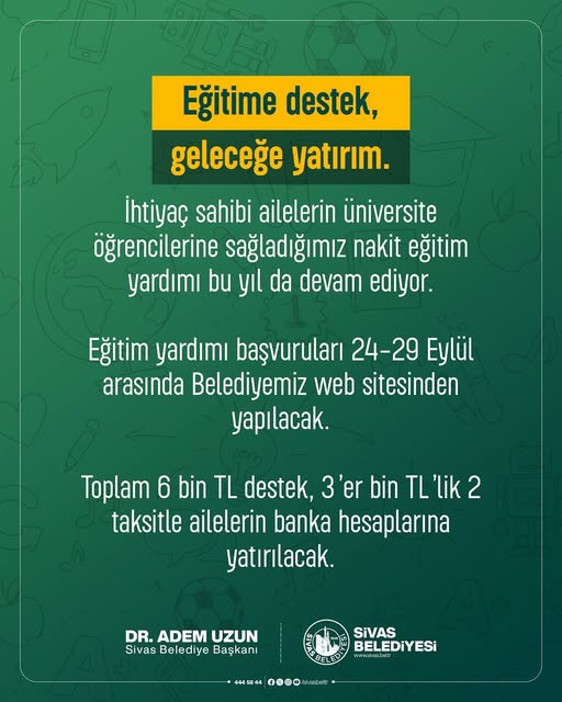 Sivas Belediyesi Tarafından Nakit Eğitim Desteği Kayıtları Başladı  sivasgazetehaber radyobora