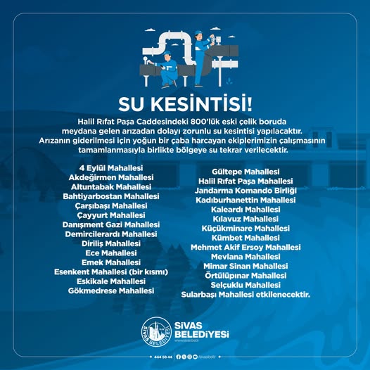 Sivas'ta Su Kesintisi Hemşehrilerimizin Dikkatine sivas gazetehaber-radyobora