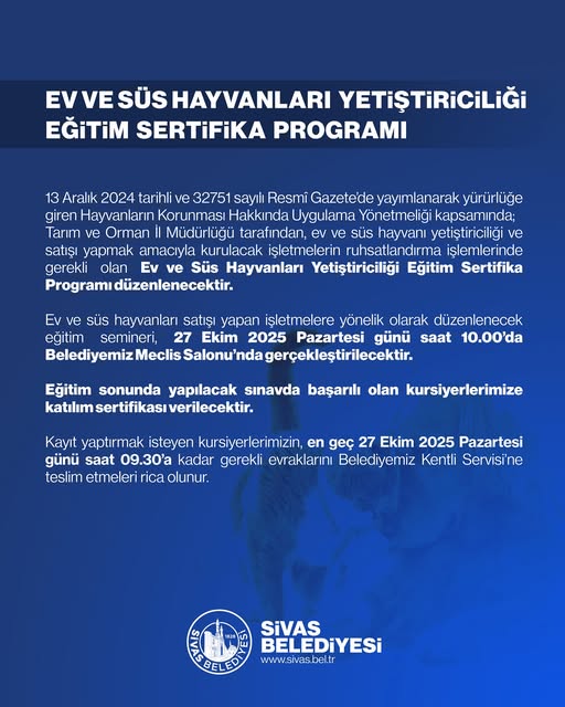 Sivas!ta Ev ve süs hayvanları yetiştiriciliği eğitim sertifika programı sivasgazetehaber radyobora