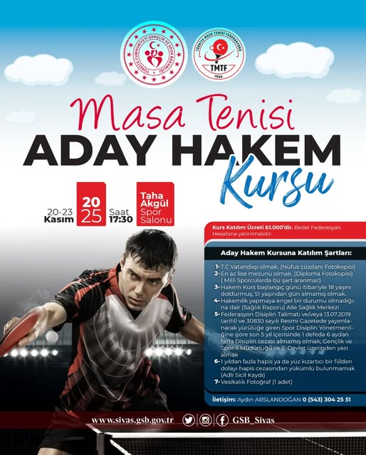 Sivas'ta Masa Tenisi Aday Hakem Kursu Başlıyor sivasgazetehaber radyobora