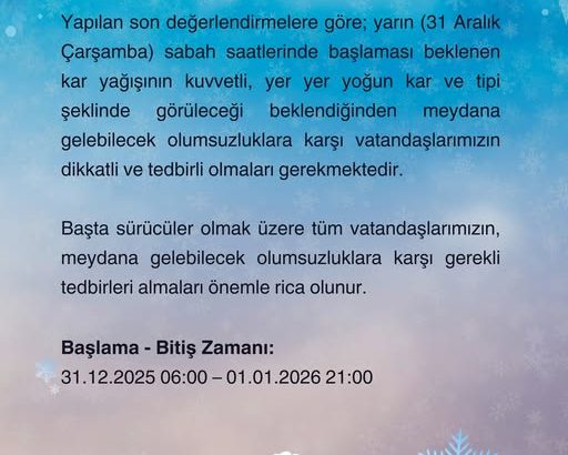 Sivas'ta Meteorolojik Uyarı  31.12.2025 Çarşamba  sivasgazetehaber radyobora