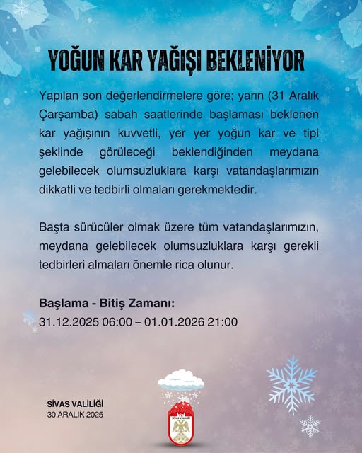 Sivas'ta Meteorolojik Uyarı  31.12.2025 Çarşamba  sivasgazetehaber radyobora