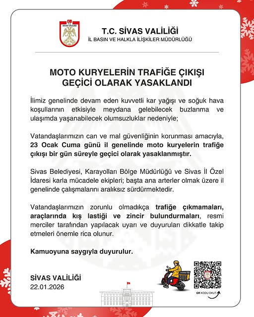 Moto kuryelerin trafiğe çıkışı geçici olarak yasaklandı. sivasgazetehaber radyobora