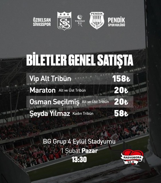 Özbelsan Sivasspor’umuzun, Pendik Spor Kulübü ile oynayacağı karşılaşmanın biletleri satışa çıktı! radyobora