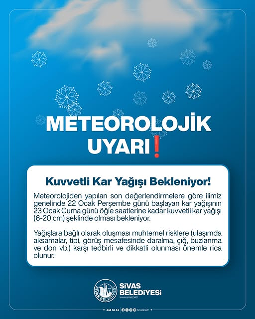 Sivas için Meteorolojik Uyarı  sivasgazetehaber radyobora