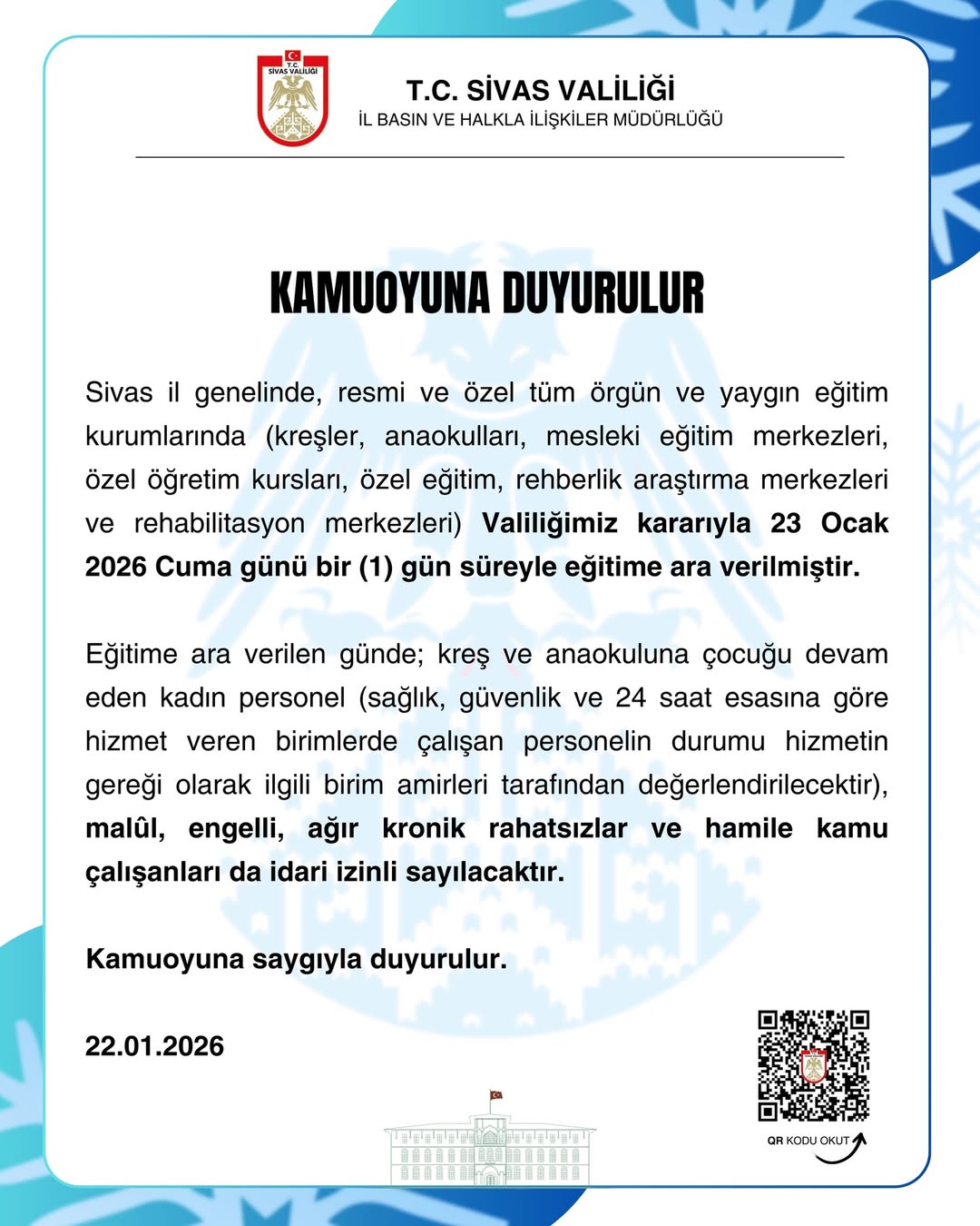 Sivas'ta Eğitime Bir Gün Ara sivasgazetehaber radyobora