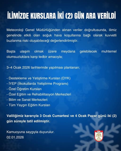 Sivas'ta  Kurslara iki (2) gün ara verildi. sivasgazetehaber radyobora