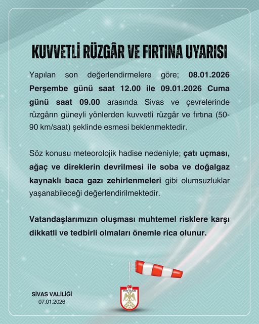 Sivas'ta Kuvvetli rüzgar ve fırtına uyarısı  07.01.2026 sivasgazetehaber radyoboa