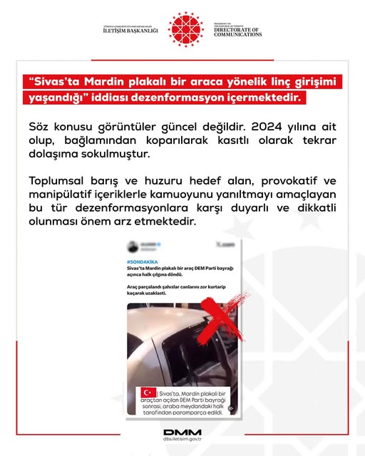 Sivas’ta Mardin plakalı bir araca yönelik linç girişimi yaşandığı” iddiası dezenformasyon içermektedir sivasgazetehaber radyobora