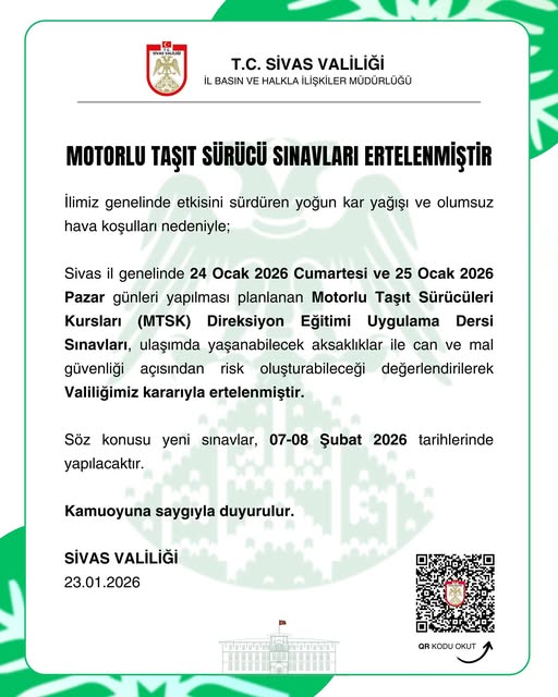 Sivas'ta Motorlu taşıt sürücü sınavları ertelenmiştir.sivasgazetehaber radyobora
