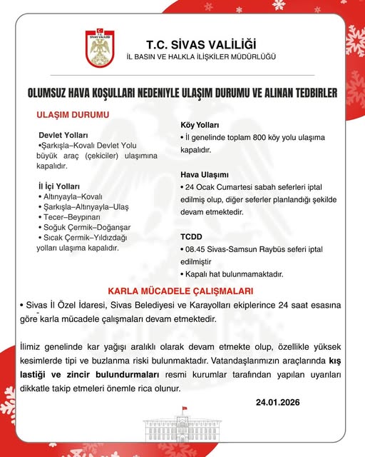 Sivas'ta Olumsuz hava koşulları kapsamında alınan tedbirler  24.01.2026 sivasgazetehaber radyobora