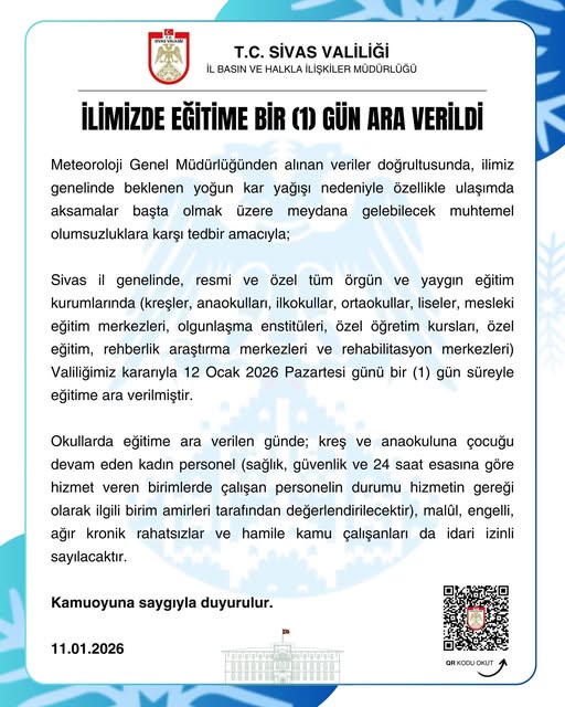 Sivas'ta eğitime bir (1) gün ara verildi. sivasgazetehaber radyobora