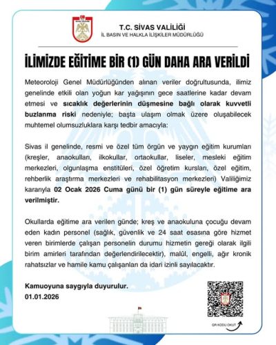 Sivas'ta eğitime bir (1) gün daha ara verildi. sivasgazetehaber radyobora