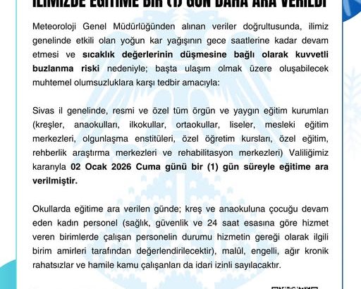 Sivas'ta eğitime bir (1) gün daha ara verildi. sivasgazetehaber radyobora