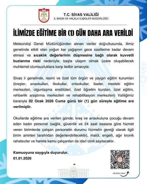 Sivas'ta eğitime bir (1) gün daha ara verildi. sivasgazetehaber radyobora