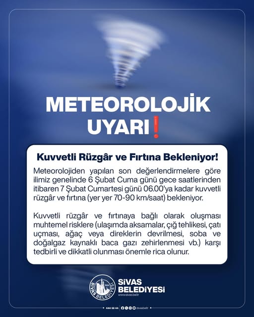 Sivas'ta Kuvvetli Rüzgar ve Fırtına Uyarısı sivasgazetehaber radyobora
