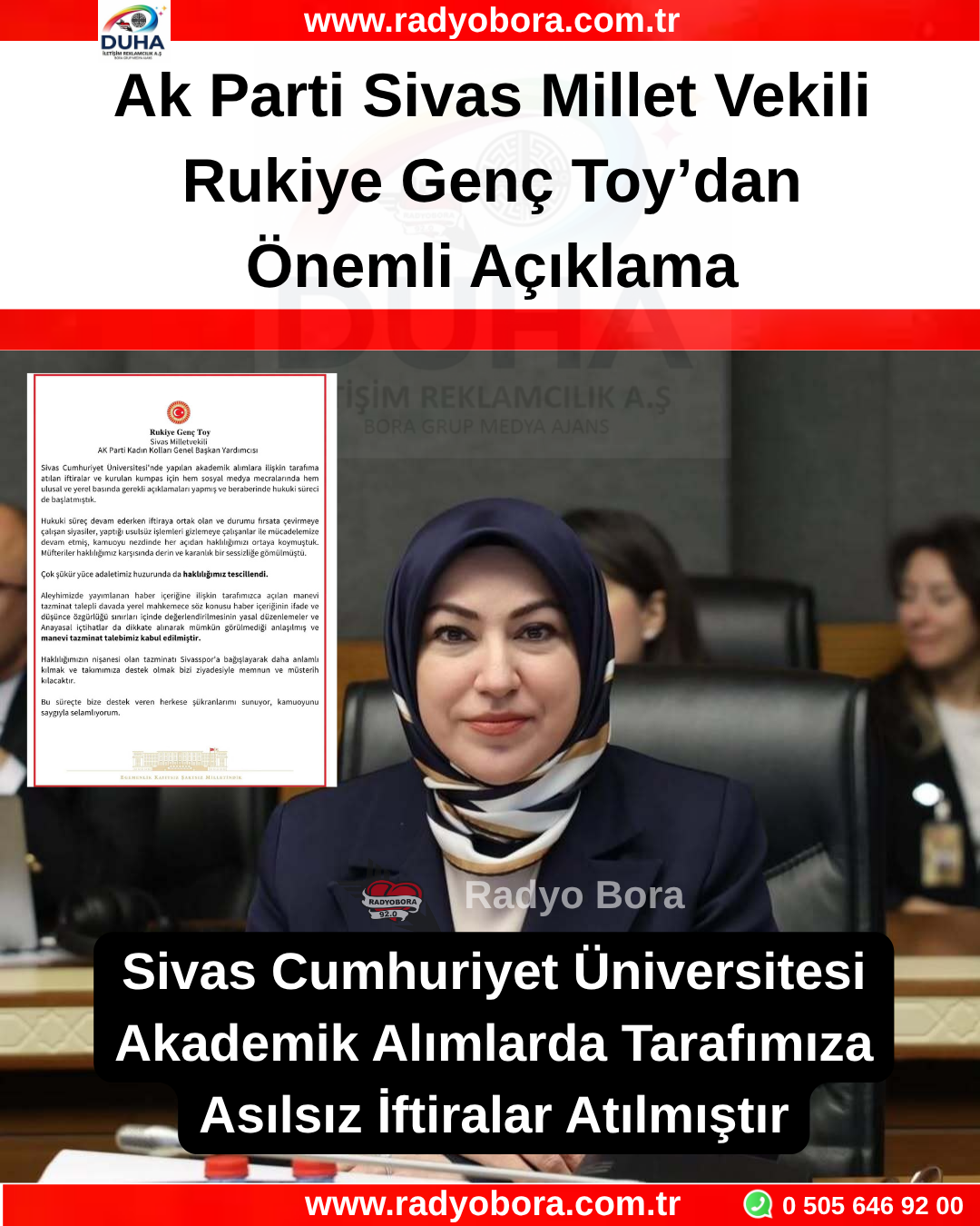 Ak Parti Sivas Millet Vekili Rukiye Genç Toy’dan Önemli Açıklama RADYO BORA