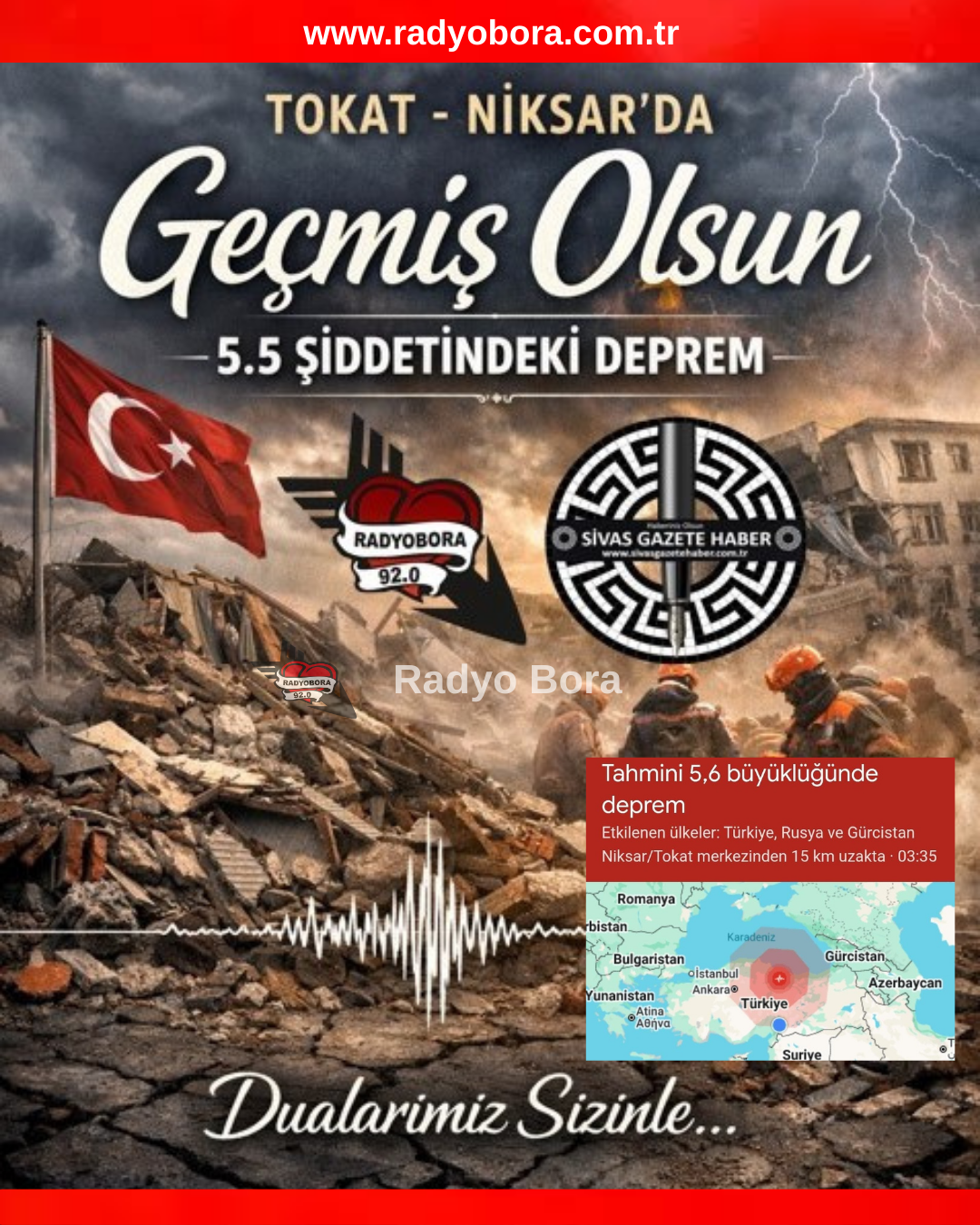 Merkez Üstü Tokat Niksar Olan Saat 03.35 de 5.6 Şiddettinde Deprem Olmustur RADYO BORA