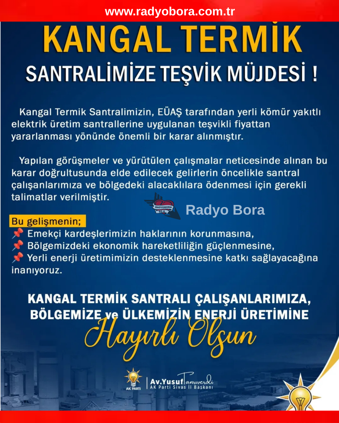 SİVAS KANGAL TERMİK SANTRALİNE TEŞVİK MÜJDESİ RADYO BORA