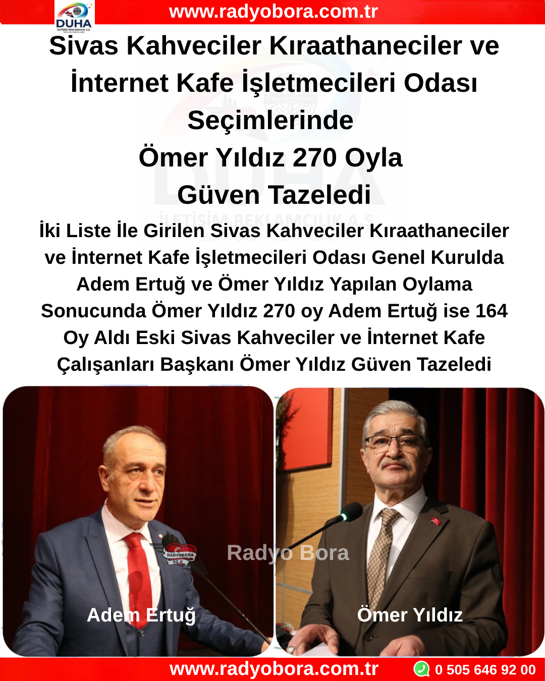 Sivas Kahveciler Kıraathaneciler ve İnternet Kafe İşletmecileri Odası Seçimlerinde Ömer Yıldız 270 Oyla Güven Tazeledi radyo bora