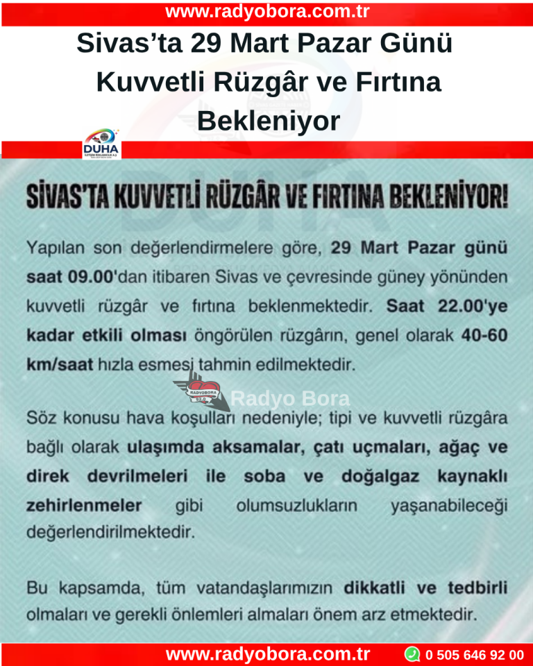 Sivas’ta 29 Mart Pazar Günü Kuvvetli Rüzgâr ve Fırtına Bekleniyor RADYO BORA