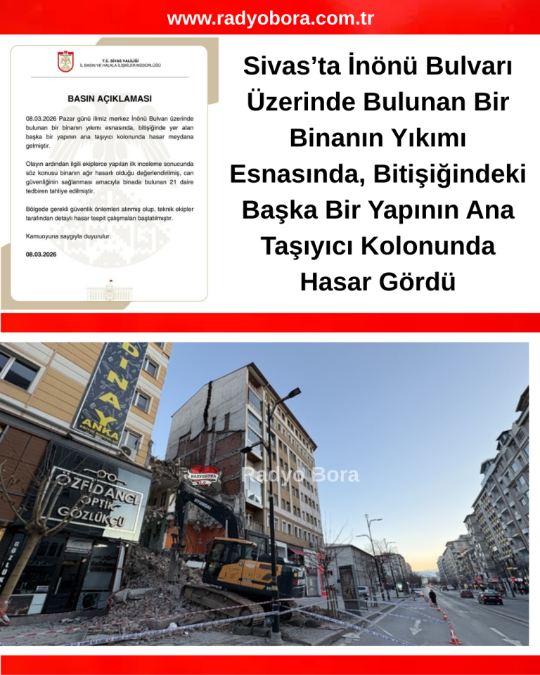 Sivas'ta Yıkım Aşşamasında yan bina Hasar gördü radyobora