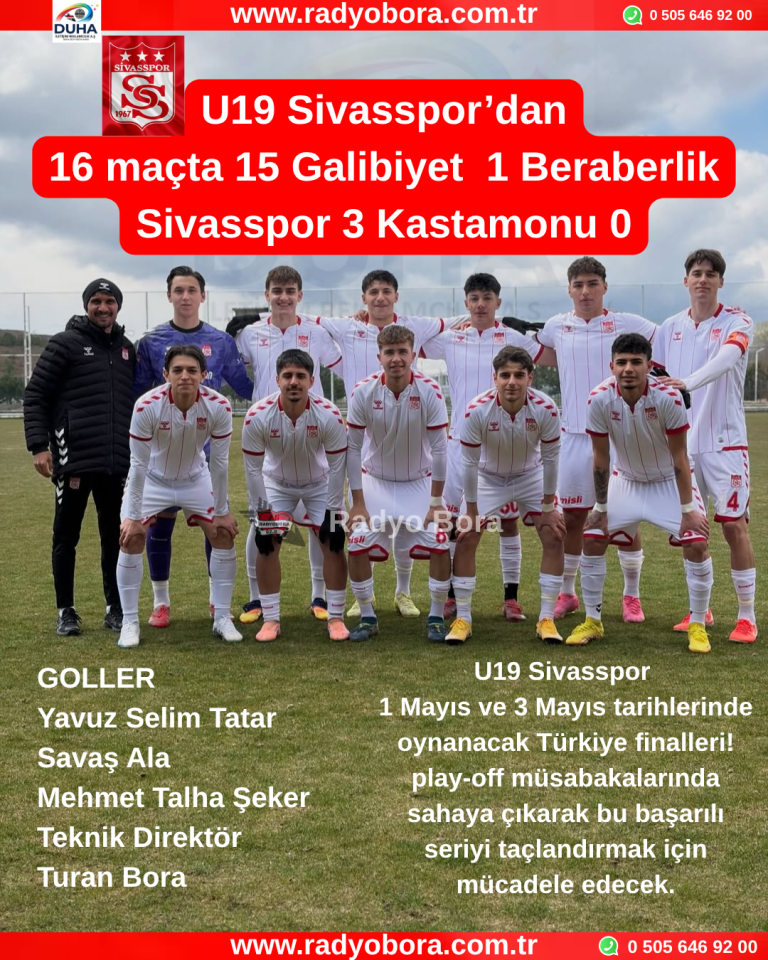 U19 Sivasspor’dan 16 maçta 15 Galibiyet 1 Beraberlik Sivasspor 3 Kastamonu 0 Radyo Bora