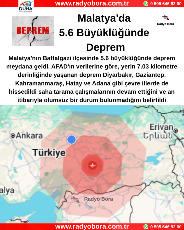 Malatya'da 5.6 Büyüklüğünde Deprem Radyo Bora