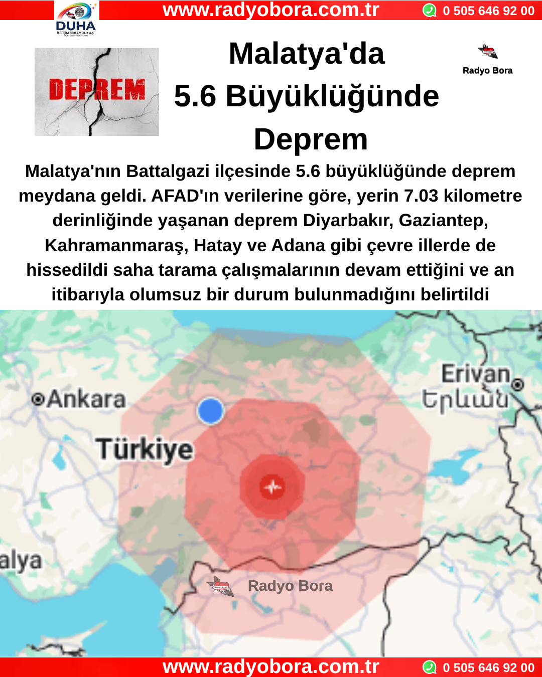Malatya'da 5.6 Büyüklüğünde Deprem Radyo Bora