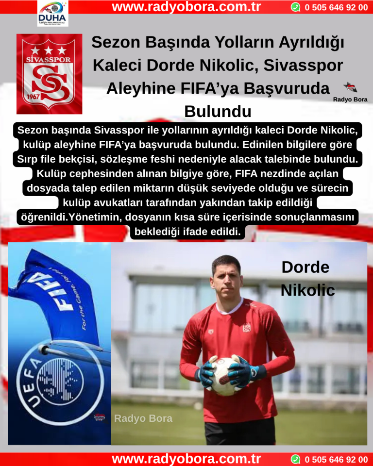 Sezon Başında Yolların Ayrıldığı Kaleci Dorde Nikolic, Sivasspor Aleyhine FIFA’ya Başvuruda Bulundu Radyo Bora