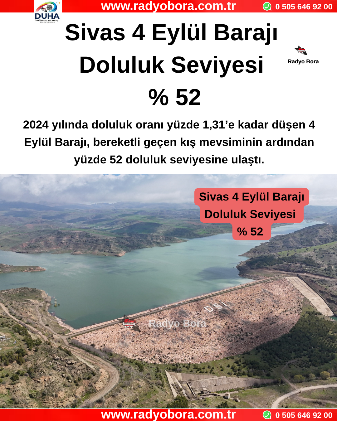 Sivas 4 Eylül Barajı Doluluk Seviyesi % 52 Radyo Bora