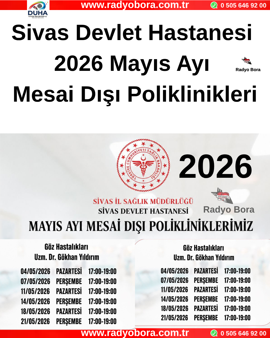 Sivas Devlet Hastanesi 2026 Mayıs Ayı Mesai Dışı Poliklinikleri Radyo Bora