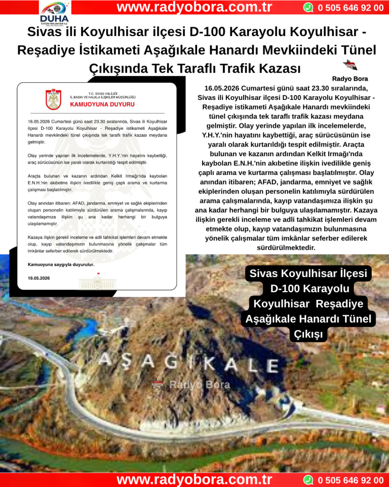 Sivas Koyulhisar İlçesi D-100 Karayolu KoyulhisarReşadiye Aşağıkale Hanardı Tünel Çıkışı Radyo Bora