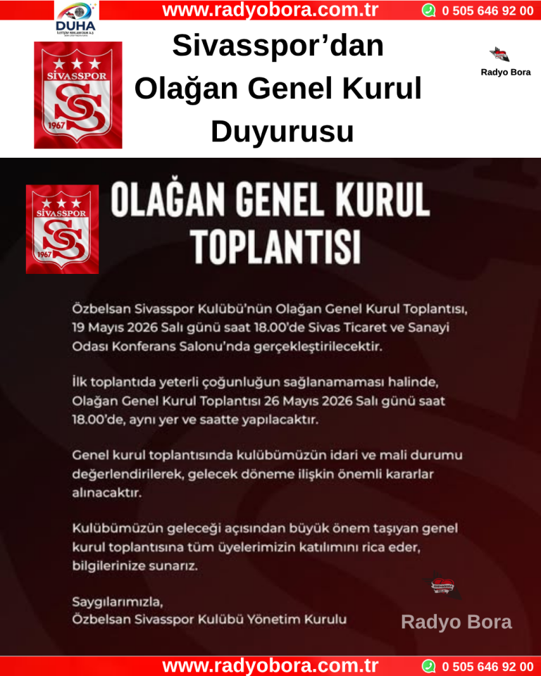 Sivasspor’dan Olağan Genel Kurul Duyurusu Radyo Bora