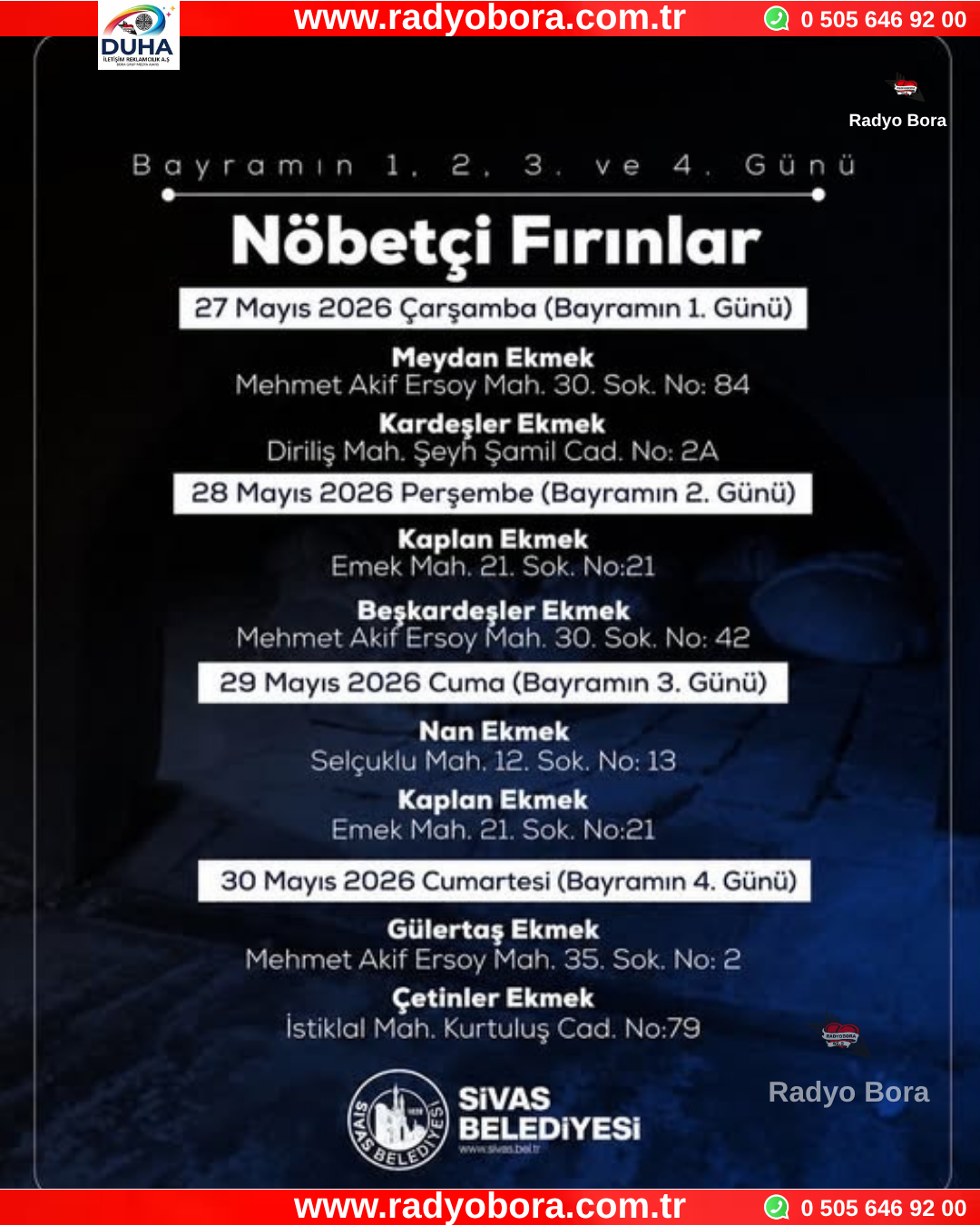 Sivas'ta 2026 Kurban Bayramı Nöbetci Fırınlar Radyo Bora