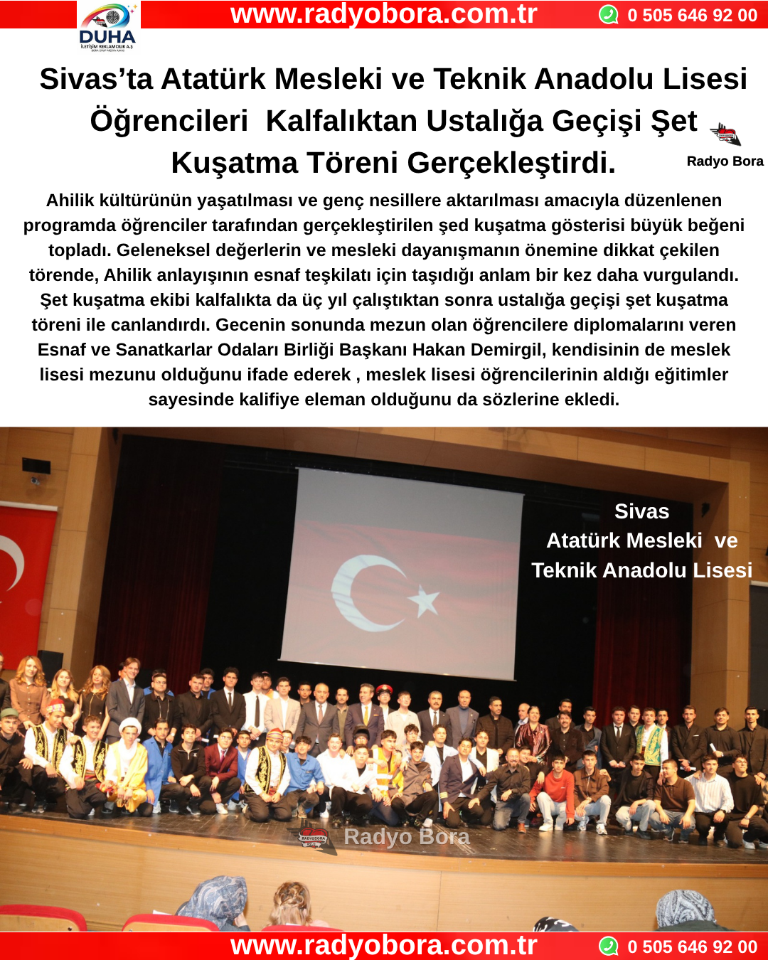 Sivas’ta Atatürk Mesleki ve Teknik Anadolu Lisesi Öğrencileri  Kalfalıktan Ustalığa Geçişi Şet Kuşatma Töreni Gerçekleştirdi. Radyo Bora