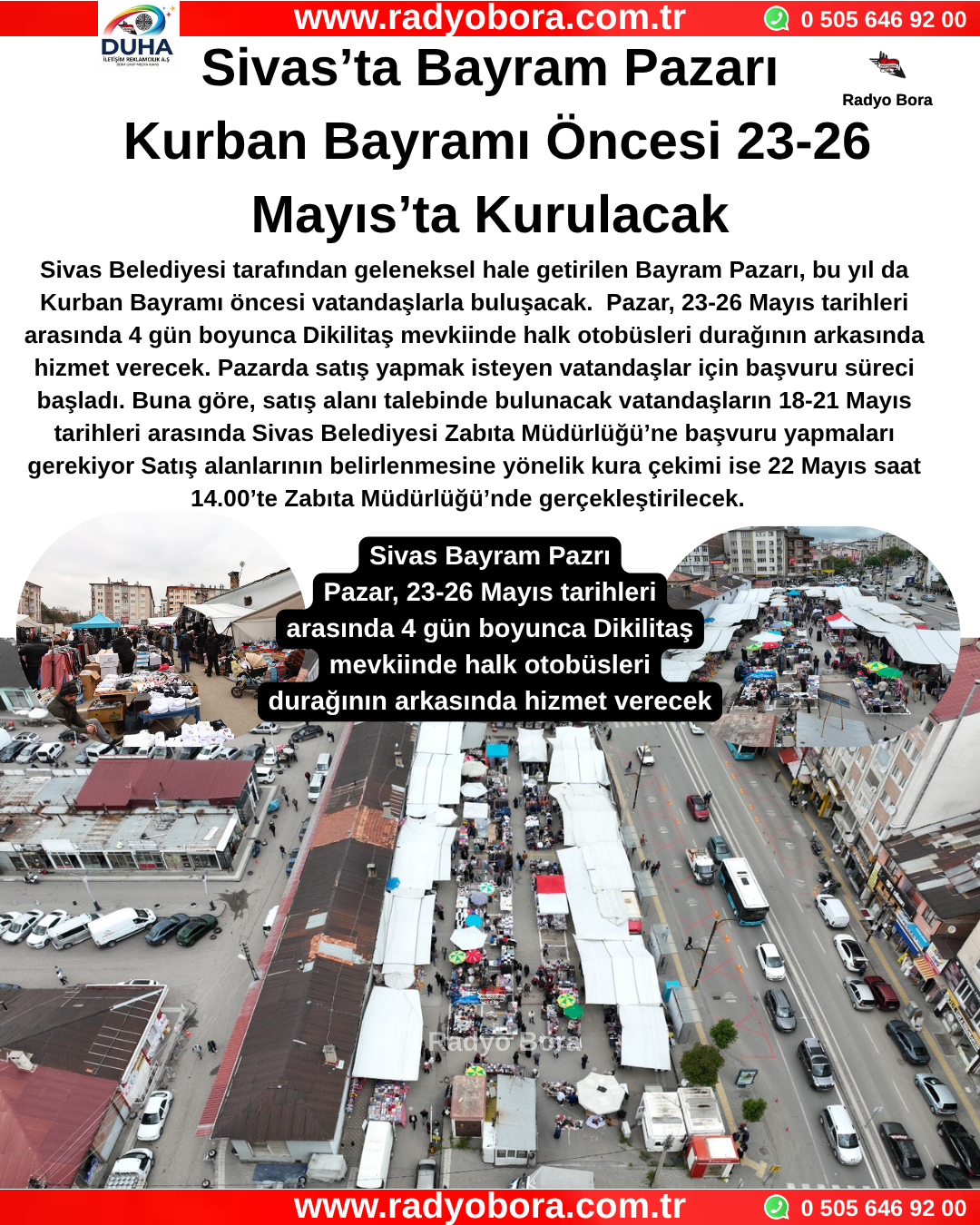 Sivas’ta Bayram Pazarı Kurban Bayramı Öncesi 23-26 Mayıs’ta Kurulacak Radyo Bora