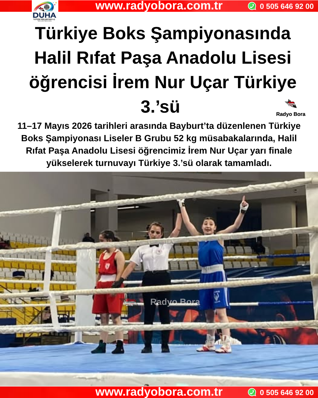 Türkiye Boks Şampiyonasında  Halil Rıfat Paşa Anadolu Lisesi öğrencisi İrem Nur Uçar Türkiye 3.’sü  Radyo Bora