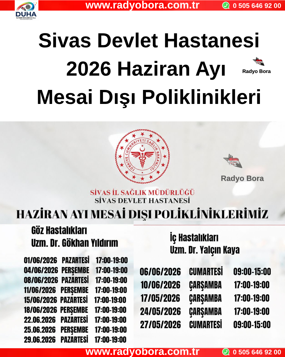 Sivas Devlet Hastanesi Haziran Ayı  Mesai Dışı Poliklinikleri 2026  Radyo Bora