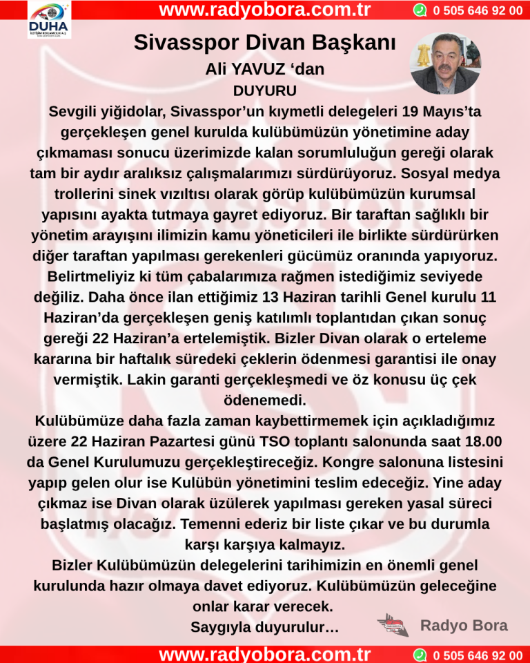 Sivasspor Divan Başkanı ali yavuzdan duyuru Radyo Bora