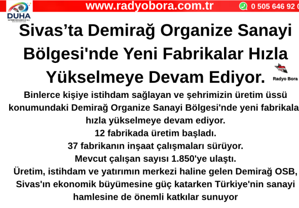 Sivas’ta Demirağ Organize Sanayi Bölgesi'nde Yeni Fabrikalar Hızla Yükselmeye Devam Ediyor. Radyo Bora