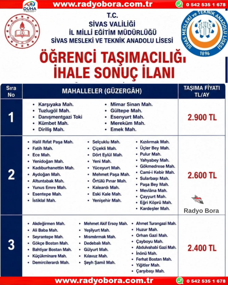 Sivas'ta Mahalleler ve Düzergahlara Gmre Öğrenci Taşımacılığı Fiyatları Belli Oldu  Radyo Bora