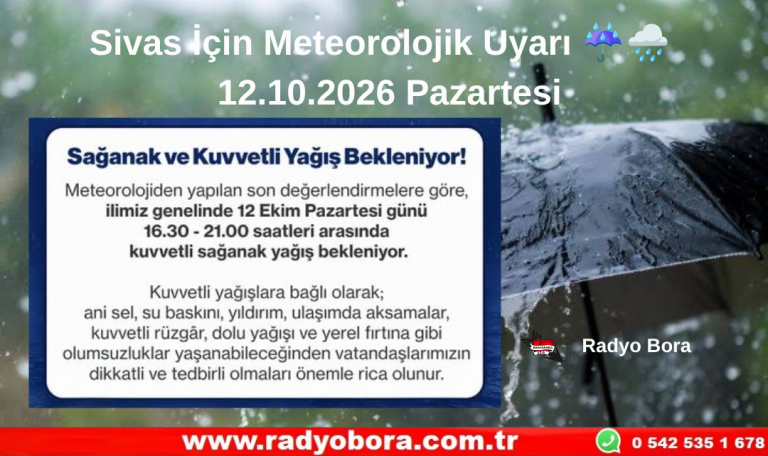 12.10.2026 Pazartesi Günü Sivas İçin Meteorolojik Uyarı  Radyo Bora