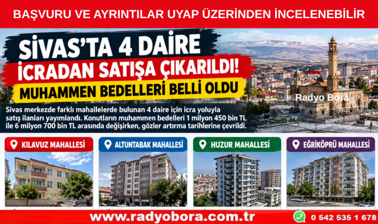 SİVAS’TA 4 DAİRE İCRADAN SATIŞA ÇIKARILDI MUHAMMEN BEDELLERİ BELLİ OLDU Radyo Bora