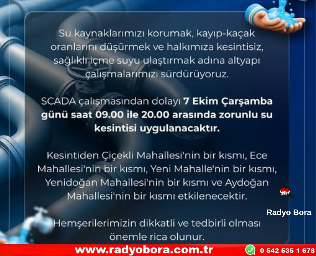 Sivas’ta 07 Ekim 2026 Çarşamba Günü Su Kesintisi  Radyo Bora